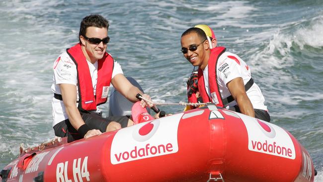 Hamilton and world champion Fernando Alonso arrive in style to a McLaren Mercedes press event at Stoke House, St Kilda Beach.