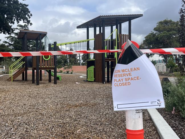 Suspected building materials located in the tree bark at Spotswood's Donald McLean Reserve park, opened in April 2023 by Hobsons Bay City Council and the West Gate Tunnel Project, has forced its temporary closure amid community safety concerns. Picture: Nilsson Jones