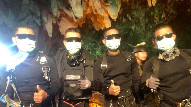 The last four Thai Navy SEAL divers coming out of the cave on July 10, 2018 in Chiang Rai, Thailand. Picture: Thai Navy Seal