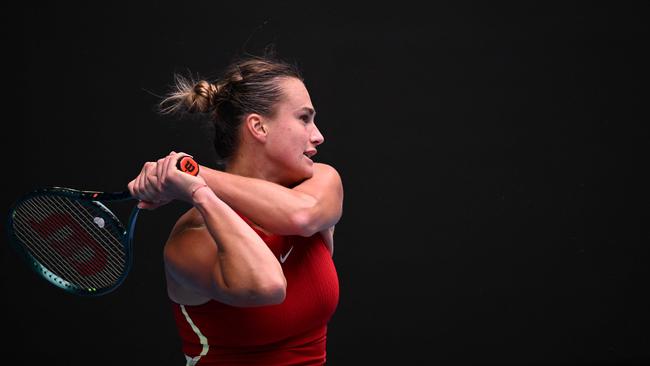 Belarus' Aryna Sabalenka hits a return against Ukraine's Lesia Tsurenko Picture: AFP