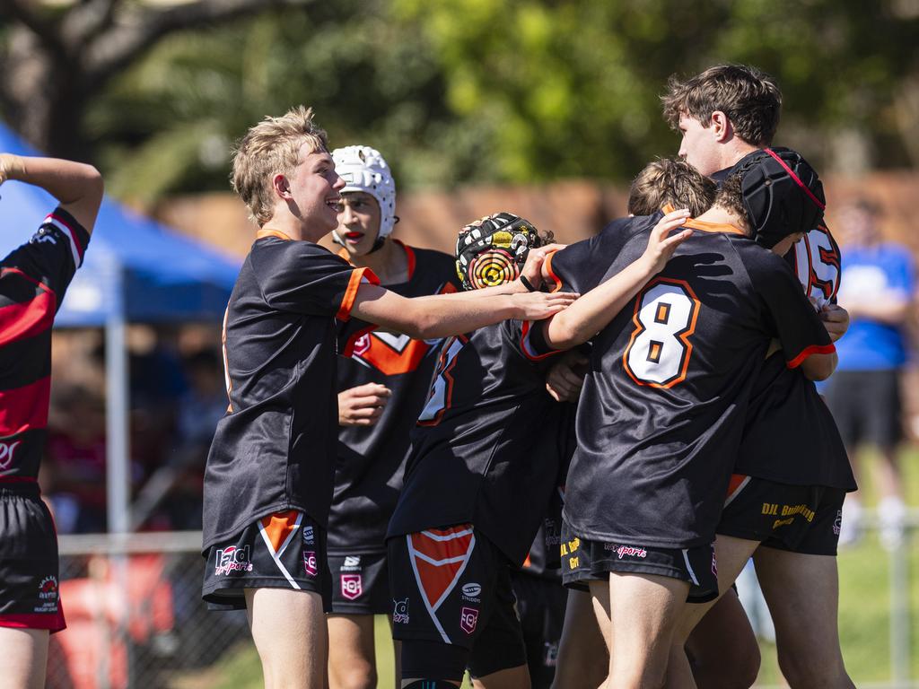 Southern Suburbs celebrate a try against Valleys in U13/14 boys Toowoomba Junior Rugby League grand final at Toowoomba Sports Ground, Saturday, September 7, 2024. Picture: Kevin Farmer