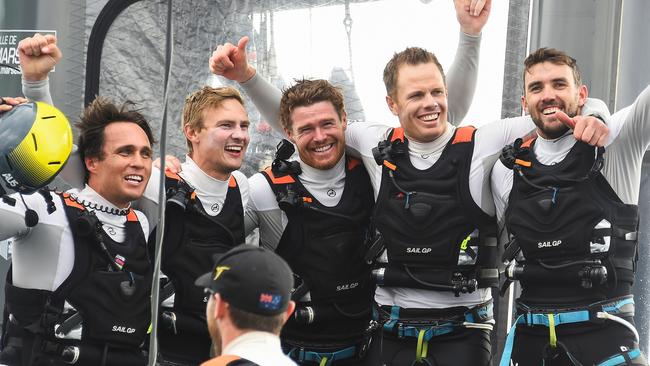 The Australian SailGP team celebrating after winning the SailGP finale in Marseille.