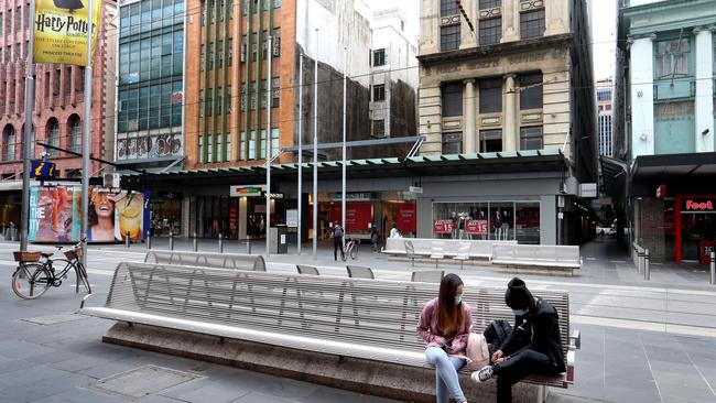 Bourke most Mall looking extraordinarily stark. The CBD wasn’t entirely deprived of life, but the numbers were so low as to be bewildering. Picture: David Geraghty