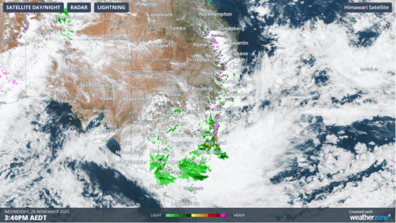 Weatherzone's rain radars show a massive band of storms have formed over Australia’s east. Picture: Weatherzone.