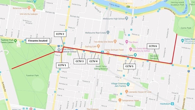 The path the suspected hitman took after leaving Fawkner Park.