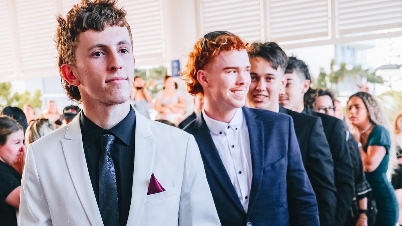 Shaun Gilles, Archie Winfield &amp; Daniel Percy at the St Joseph's College Banora Point 2021 formal. Picture: Austin Hulme Photography