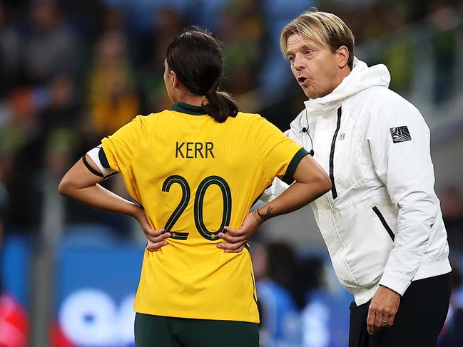 SYDNEY, AUSTRALIA - SEPTEMBER 06: Matildas coach Tony Gustavsson gives instructions to Sam Kerr of the Matildas during the International Friendly Match between the Australia Matildas and Canada at Allianz Stadium on September 06, 2022 in Sydney, Australia. (Photo by Mark Kolbe/Getty Images)