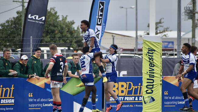 Iggy Park celebrate a try in style. Ignatius Park College v St Patrick's College Mackay Confraternity Shield Final July 1 2022. Picture: Max O'Driscoll.