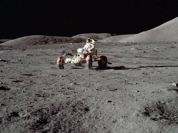 Eugene Cernan driving the Lunar Roving Vehicle in 1972