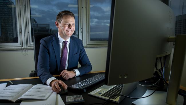 Treasurer Stephen Mullighan working in his office at the State Admin Building preparing the June 5 budget. Picture: Mark Brake