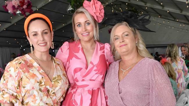 Erin Anderson, Michelle Webb and Melaine Mowlen at Ladies Oaks Day, Caloundra. Picture: Patrick Woods.