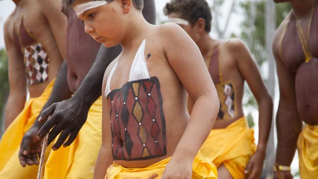 The Gumatj clan perform ceremonial dances at the opening of Garma in northeast Arnhem Land. Picture: Melanie Faith Dove