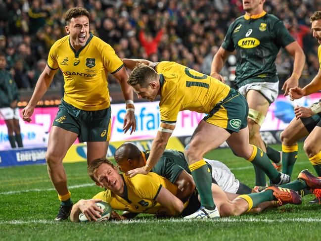 Australia's Dane Haylett-Petty scores a try. Picture: Christiaan Kotze/AFP