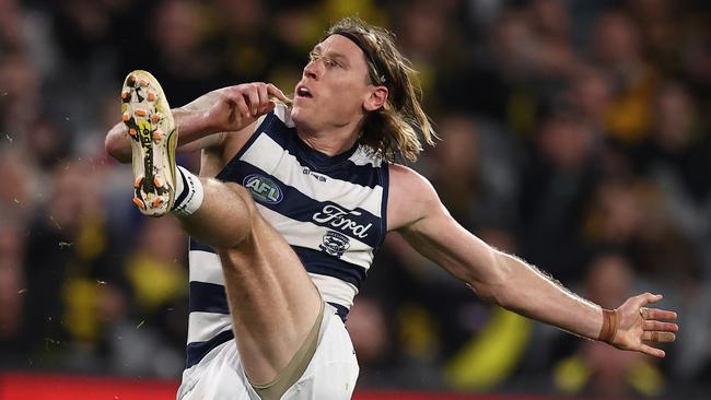 Mark Blicavs won a controversial free kick for a dangerous tackle. Picture: Michael Klein