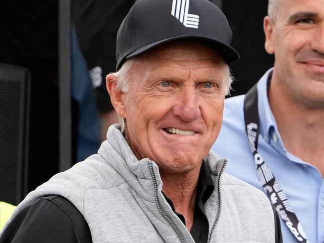 ADELAIDE, AUSTRALIA - APRIL 26: LIV golf boss Greg Norman (Left) and Premier of South Australia Peter Malinauskas (Right) during LIV Adelaide at The Grange Golf Club on April 26, 2024 in Adelaide, Australia. (Photo by Asanka Ratnayake/Getty Images)