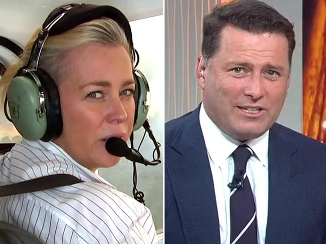 Sunrise's Samantha Armytage (left) surveys the bushfires from a helicopter while Karl Stefanovic reports from the studio for Today. Pictures: Supplied