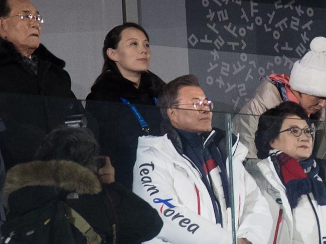 Kim Yo-jong, the sister of North Korean leader Kim Jong-un (in black) watches with South Korean president Moon Jae-in (front row centre) and his wife, Kim Jung-sook. Picture: Carl Court/Getty Images.