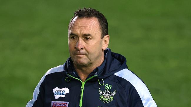 SYDNEY, AUSTRALIA - JULY 08: Raiders coach Ricky Stuart looks on before the round 17 NRL match between the Manly Sea Eagles and the Canberra Raiders at 4 Pines Park on July 08, 2021, in Sydney, Australia. (Photo by Cameron Spencer/Getty Images)