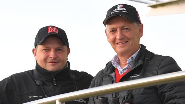 Redzel trainers Peter (right) and Paul Snowden are seen during trackwork at Royal Randwick Racecourse in Sydney, Monday, October 14, 2019. (AAP Image/Simon Bullard) NO ARCHIVING, EDITORIAL USE ONLY