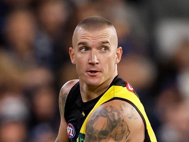 MELBOURNE, AUSTRALIA - MARCH 14: Dustin Martin of the Tigers in action during the 2024 AFL Round 01 match between the Carlton Blues and the Richmond Tigers at the Melbourne Cricket Ground on March 14, 2024 in Melbourne, Australia. (Photo by Dylan Burns/AFL Photos via Getty Images)