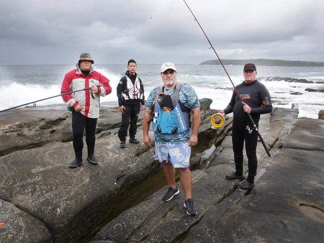 Dean McWhinney, Gabriel Kim,  Stan Konstantaras (President of the NSW Recreational Fishing Alliance) and Paul Cooper are calling on the State Government to change legislation to let rock fishers wear either a life vest, wet suits or life jackets. They say the law as it is written is ill thought out and doesn't suit different competency levels of fishing.