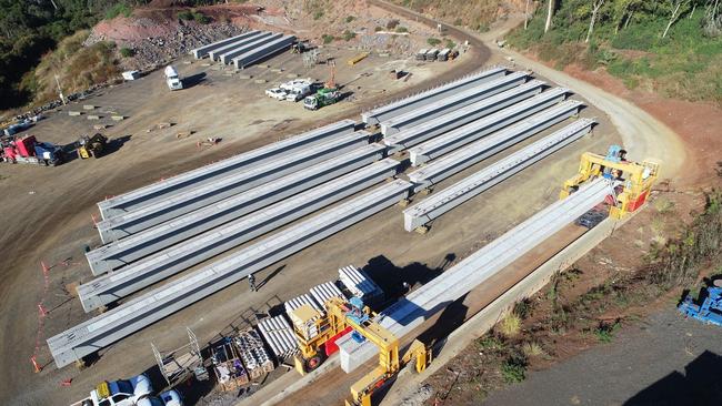 Cement girders used in the construction of the Toowoomba Second Range Crossing. The CFMMEU led a protest at the site.