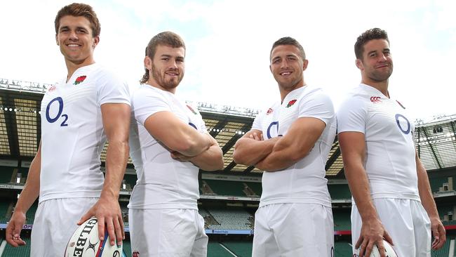 LONDON, ENGLAND - AUGUST 14: (L-R) Henry Slade, Luke Cowan-Dickie, Sam Burgess and Calum Clark who have all been included into the England squad to face France tomorrow pose after the England captain's run at Twickenham Stadium on August 14, 2015 in London, England. (Photo by David Rogers/Getty Images)