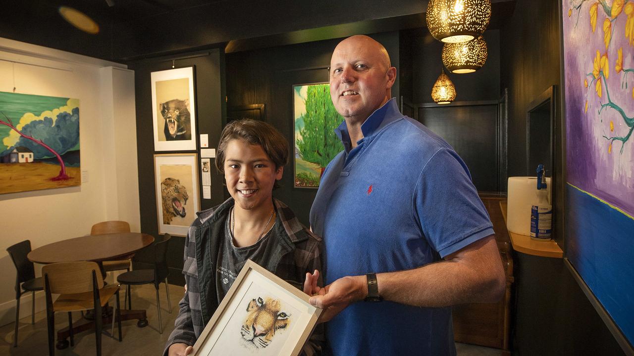 Artists Peter Kelly and his son Oscar Vincent Kelly 13 who are having an exhibition titled One Thousand Pieces of Gold at the artHouse, New Norfolk. Picture: Chris Kidd