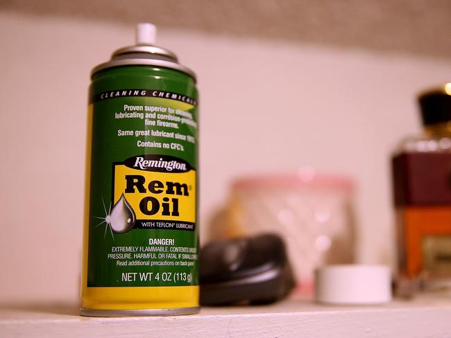 A can of gun oil sits in a bedroom closet inside the home of shooting suspect Syed Farook. Picture: Getty