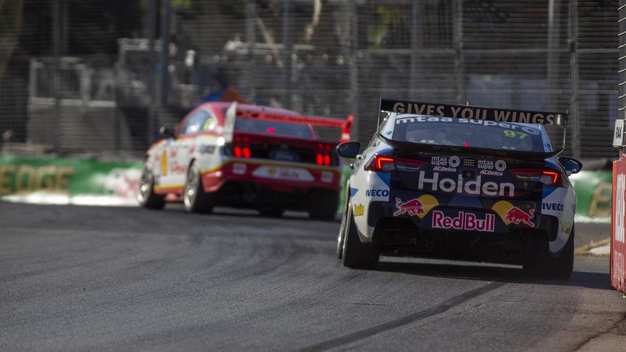 Shane van Gisbergen chases Scott McLaughlin in Race 1 in Adelaide. Pic: Edge Photographics