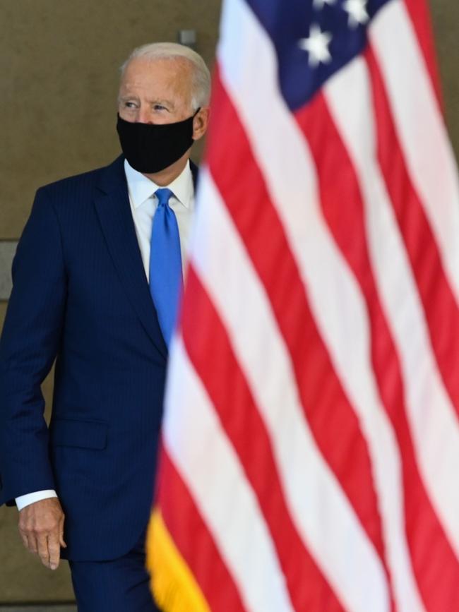 Joe Biden enters the hall at the National Constitution Center in Philadelphia, to make a statement about the replacement for Justice Ruth Bader Ginsburg. Picture: AFP.