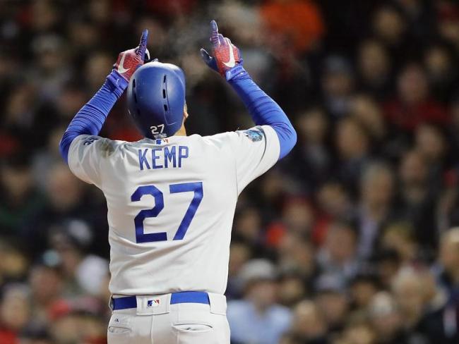 Los Angeles Dodgers slugger Matt Kemp celebrates a home run.