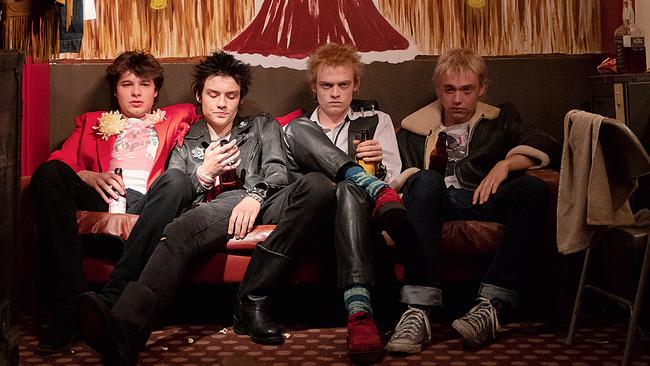 Australian actor Toby Wallace (left) as Steve Jones and his co-stars as members of the Sex Pistols in Pistol