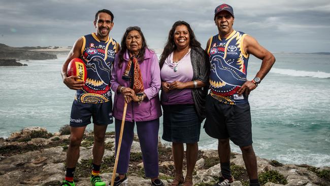 Adelaide Crows star, Eddie Betts with grandmother Veda Betts, Aunt Susie and father Eddie Senior in Port Lincoln. Picture: Matt Turner