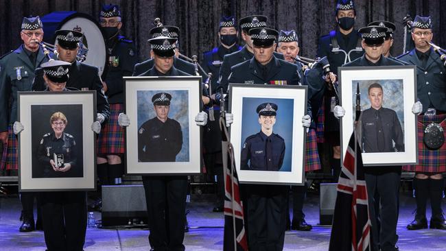 Leading Senior Constable Lynette Taylor, Senior Constable Kevin King, Constable Josh Prestney and Constable Glen Humphris lost their lives in the Eastern Freeway tragedy. Picture: David Geraghty