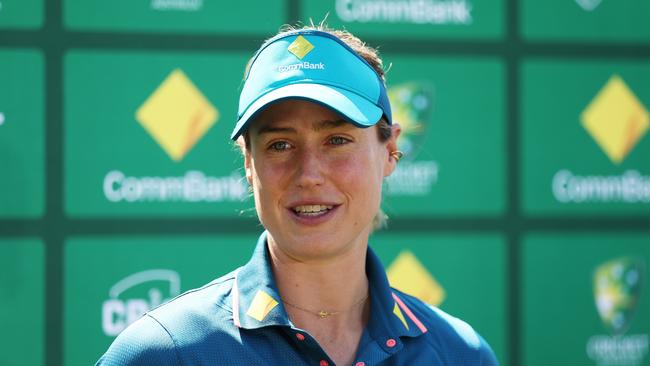 SYDNEY, AUSTRALIA - SEPTEMBER 29:  Australian cricketer Ellyse Perry speaks to the media during the Australia v West Indies Women's International Series Launch at North Sydney Oval on September 29, 2023 in Sydney, Australia. (Photo by Matt King/Getty Images for Cricket Australia)