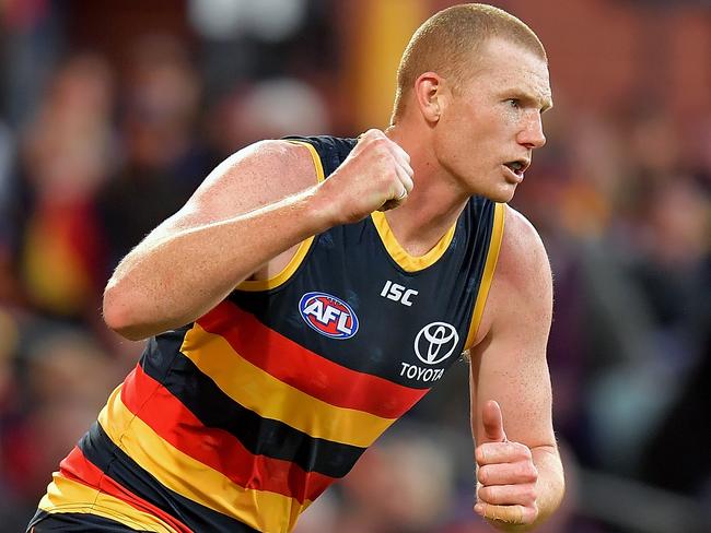 ADELAIDE, AUSTRALIA - JUNE 30:  Sam Jacobs of the Crows celebrates after kicking a goal during the round 15 AFL match between the Adelaide Crows and the West Coast Eagles at Adelaide Oval on June 30, 2018 in Adelaide, Australia.  (Photo by Daniel Kalisz/Getty Images)