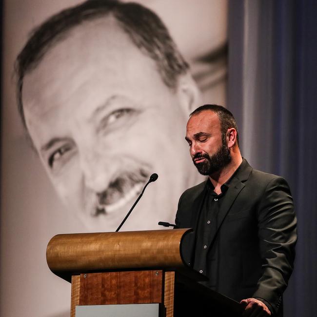 Moe Sultan during the eulogy for his father Ali Sultan at the memorial service held at Wrest Point. Picture: Zak Simmonds