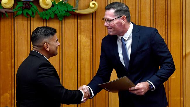 The investiture of newly elected Townsville City Councillors at the council chambers. Townsville City Council CEO Prins Ralston and Mayor Troy Thompson. Picture: Evan Morgan