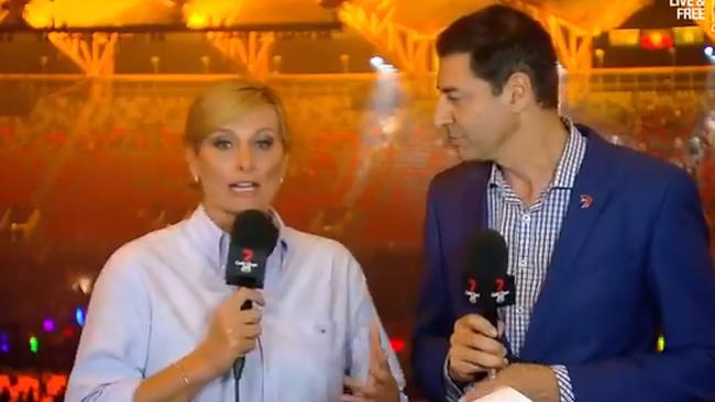 Images of Johanna Griggs and Basil Zempilas from the 7 Comm Games twiiter feed of them slamming the Closing Ceremony