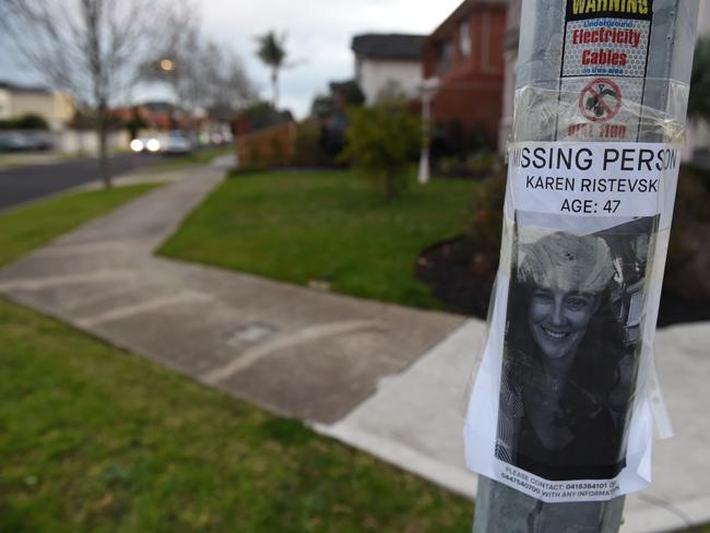 A missing person poster for Karen Ristevski posted on a light pole near her family home on July 14. Picture: Jason Sammon