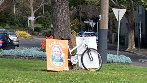 South Yarra ward candidate Kate Hely is padlocking corflutes to bicycles on council land. Picture: supplied.