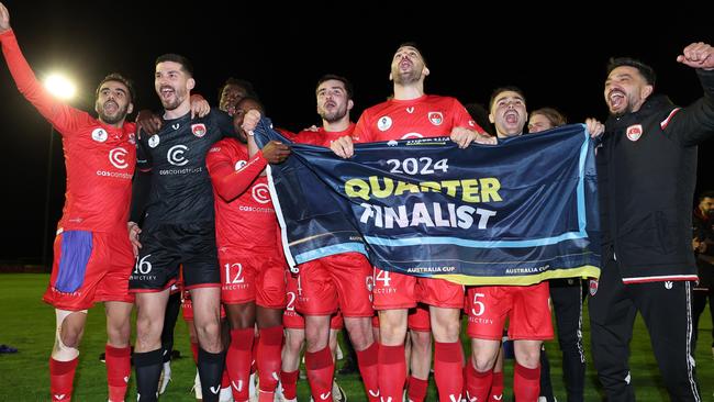 Hume City celebrates winning through to the Australia Cup quarter-final.