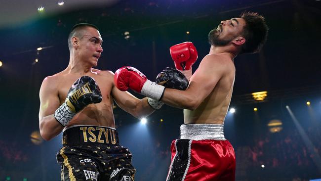 Tim Tszyu defeats Carlos Ocampo with a first round knockout in his first world title defence on the Gold Coast on Sunday. Picture: No Limit Boxing