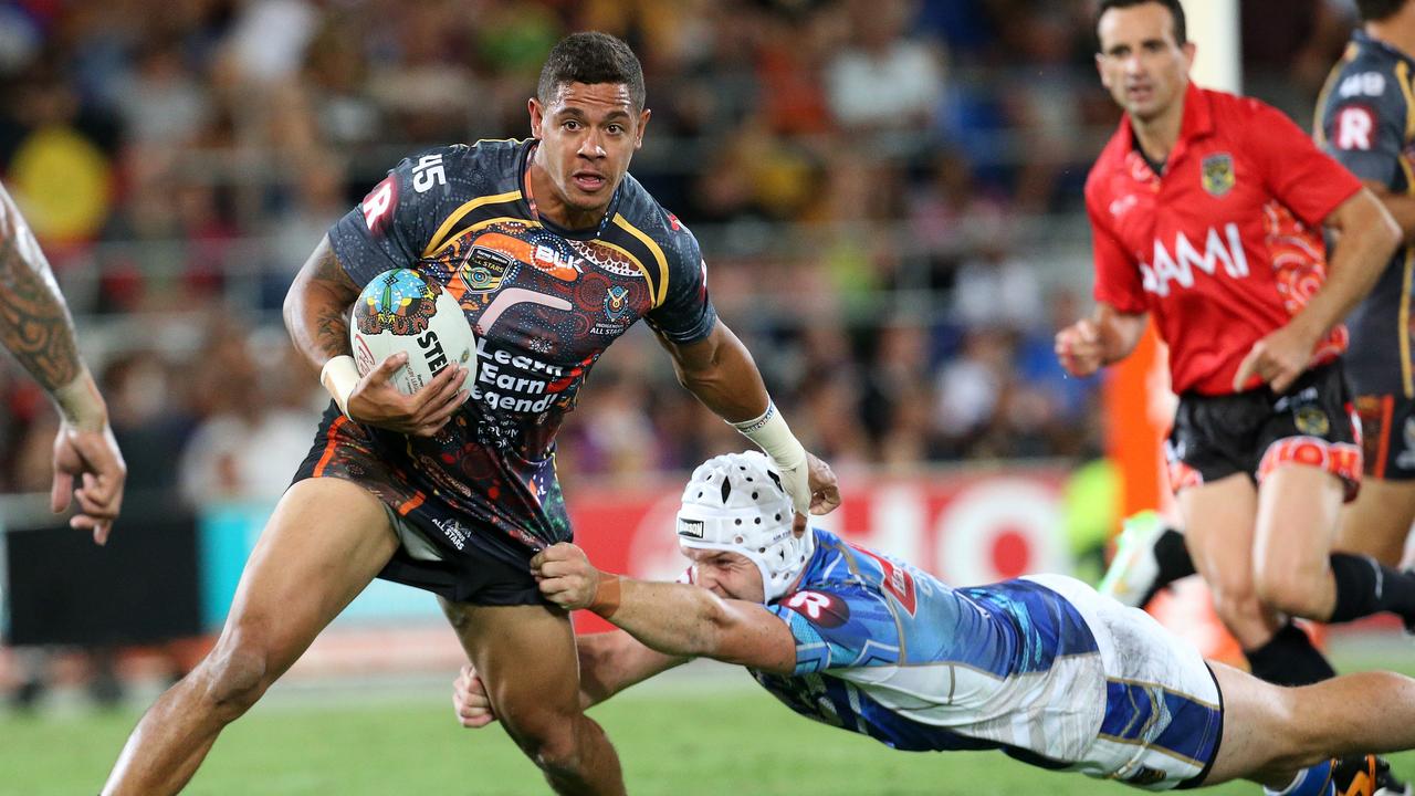 Dane Gagai in action during the Indigenous All Stars V NRL All Stars game at Cbus Stadium, Robina. Pics Adam Head