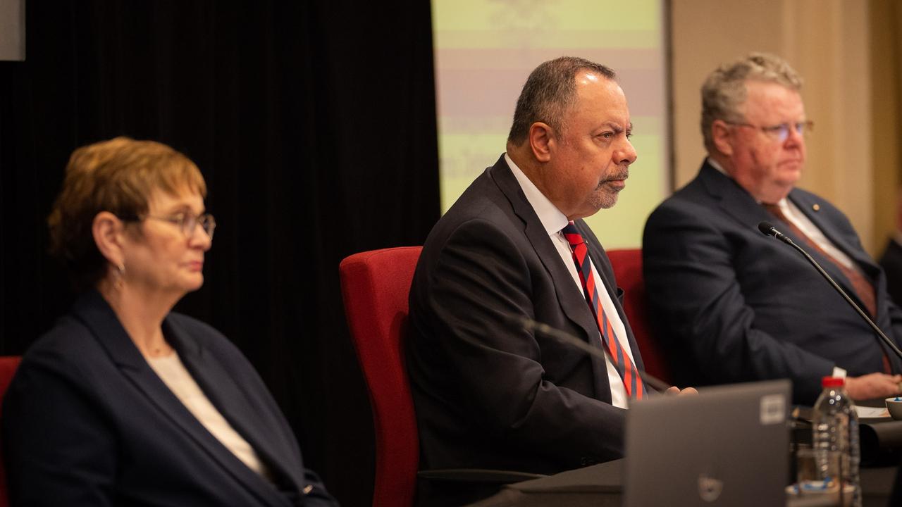 Commissioners Peggy Brown, Mr Kaldas and James Douglas QC at a Royal Commission into Defence and Veteran Suicide hearing in Hobart. Picture: Supplied