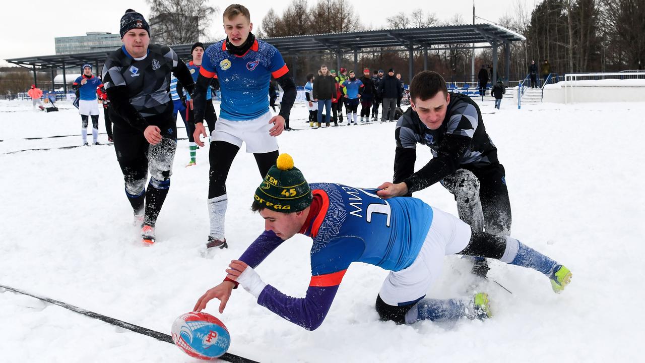 Players participate in a ‘snow rugby’ tournament at Moscow’s suburb of Zelenograd.