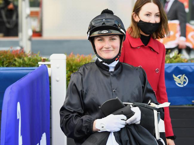 Star jockey Jamie Kah was banned from competing in the Melbourne Cup and the entire Spring Carnival after she was fined more than $5500 by Victoria Police following a Covid-19 breach. Picture: Pat Scala/Racing Photos via Getty Images