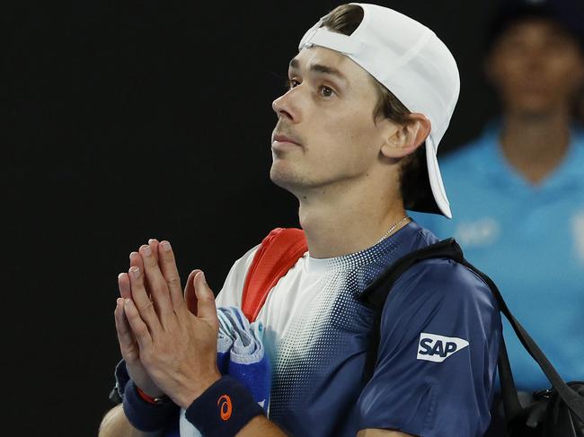 NCA. MELBOURNE, AUSTRALIA. 20th January 2025.   Day 11. Australian Open Tennis at Melbourne Park. Jannik Sinner vs  Alex de Minaur at Rod Laver Arena .   Alex de Minaur  after tonights straight sets loss to Jannik Sinner   .  Picture: Michael Klein