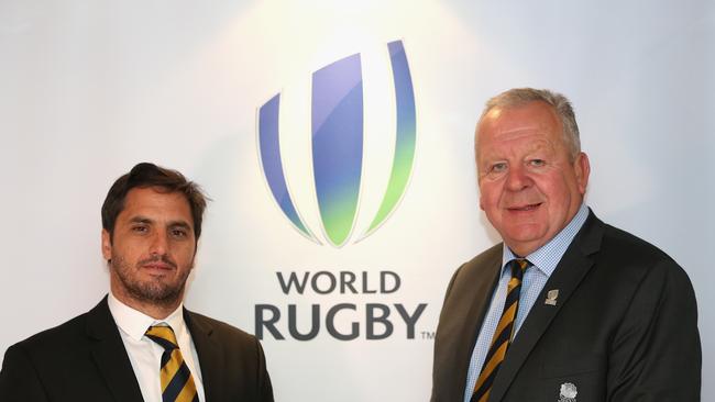 DUBLIN, IRELAND - MAY 11: (L-R) Agustin Pichot (new Vice-Chairman of World Rugby) and Bill Beaumont (new Chairman of World Rugby) pose for a photograph during a media conference to introduce the new World Rugby Chairman and Vice-Chairman on May 11, 2016 in Dublin, Ireland. (Photo by Andrew Redington/Getty Images)